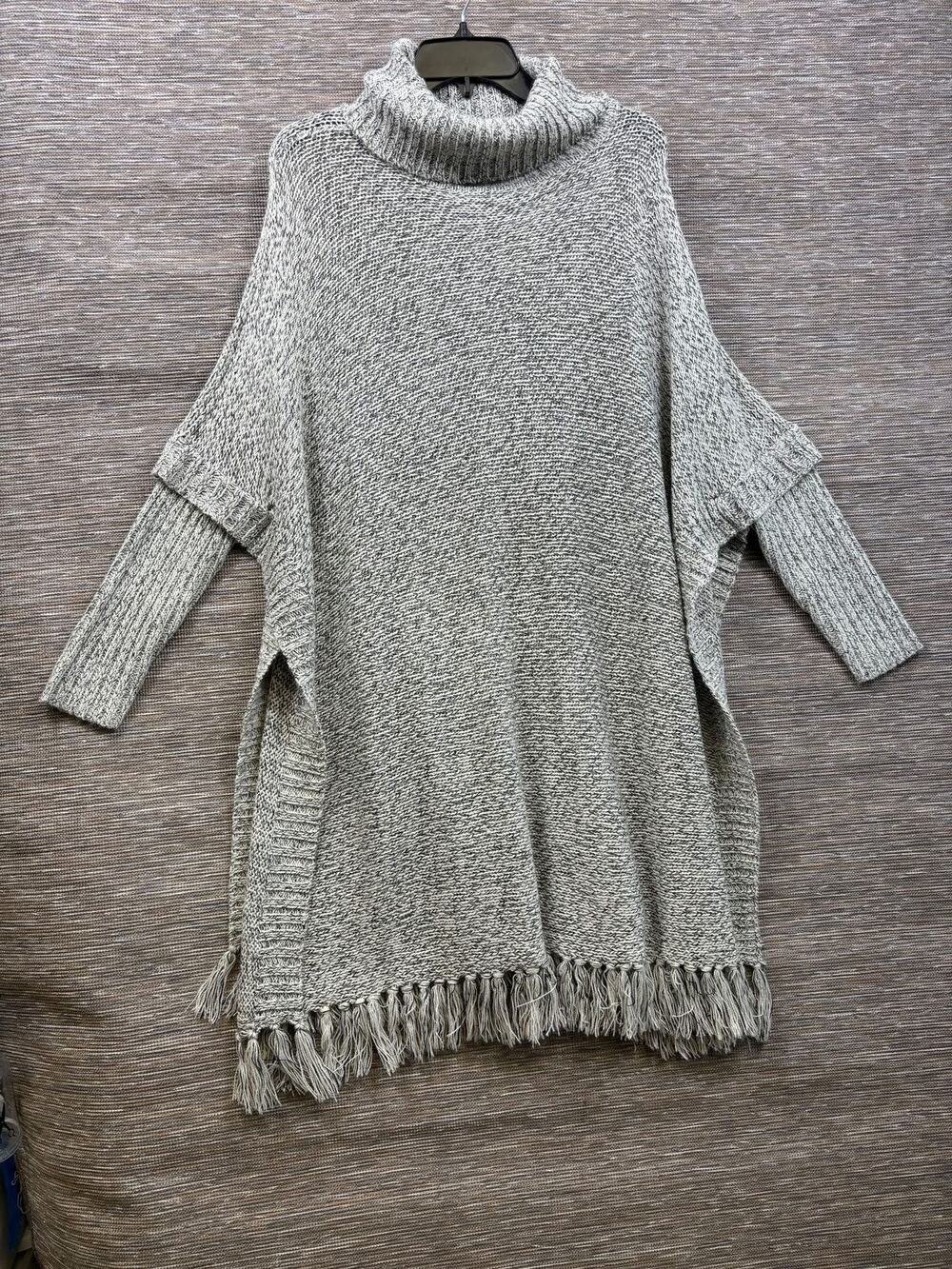 RDI Sweater Cape Womens Small Gray Turtleneck Fringe Chunky Knit Poncho Cozy